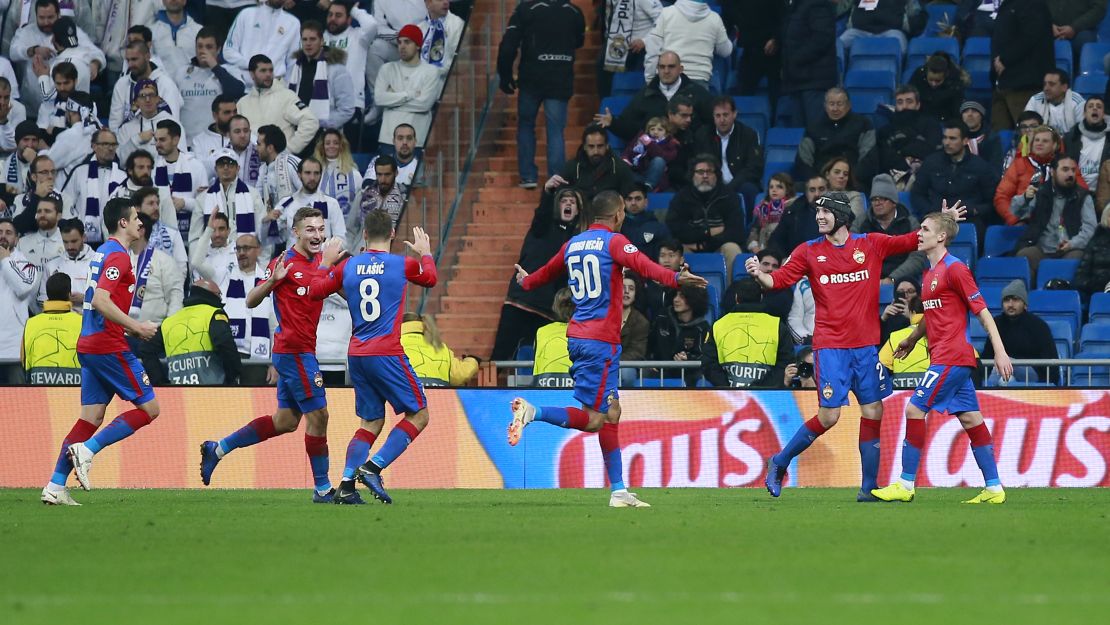 CSKA players celebrate after scoring against Real Madrid. 