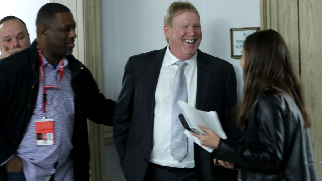 Raiders owner Mark Davis speaks to reporters after the NFL owners' meeting in Irving, Texas on Wednesday.