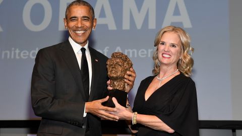 Former President Barack Obama accepts an award onstage from Robert F. Kennedy Human Rights President Kerry Kennedy during the 2019 Robert F. Kennedy Human Rights Ripple Of Hope Awards on December 12, 2018 in New York City.  (Photo by Kevin Mazur/Getty Images for Robert F. Kennedy Human Rights )