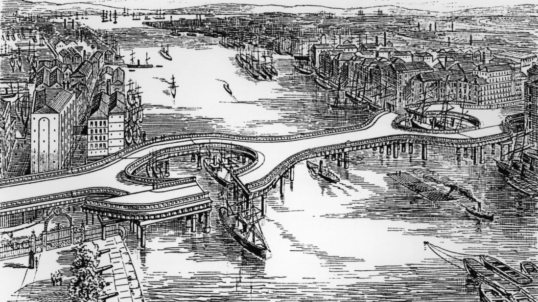 Here's an avant-garde design for Tower Bridge in London that wouldn't look out of place in a modern-day architectural firm. The idea came from architect F J  Palmer in 1877.