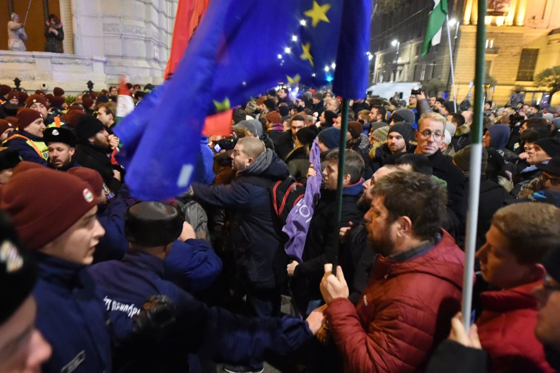 Hungarians protest in Budapest on Wednesday.