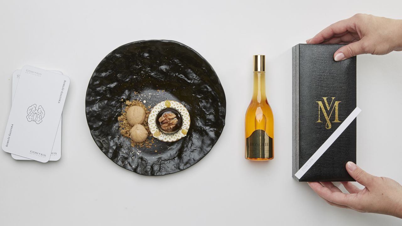 "Somlói Galuska," a traditional Hungarian dessert  with Nógrád walnut, golden raisin jam, and sponge cake soaked in coffee under a chocolate coating