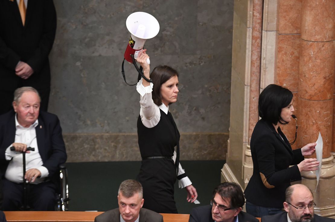 One member of parliament brandishes an air horn in parliament following the vote.