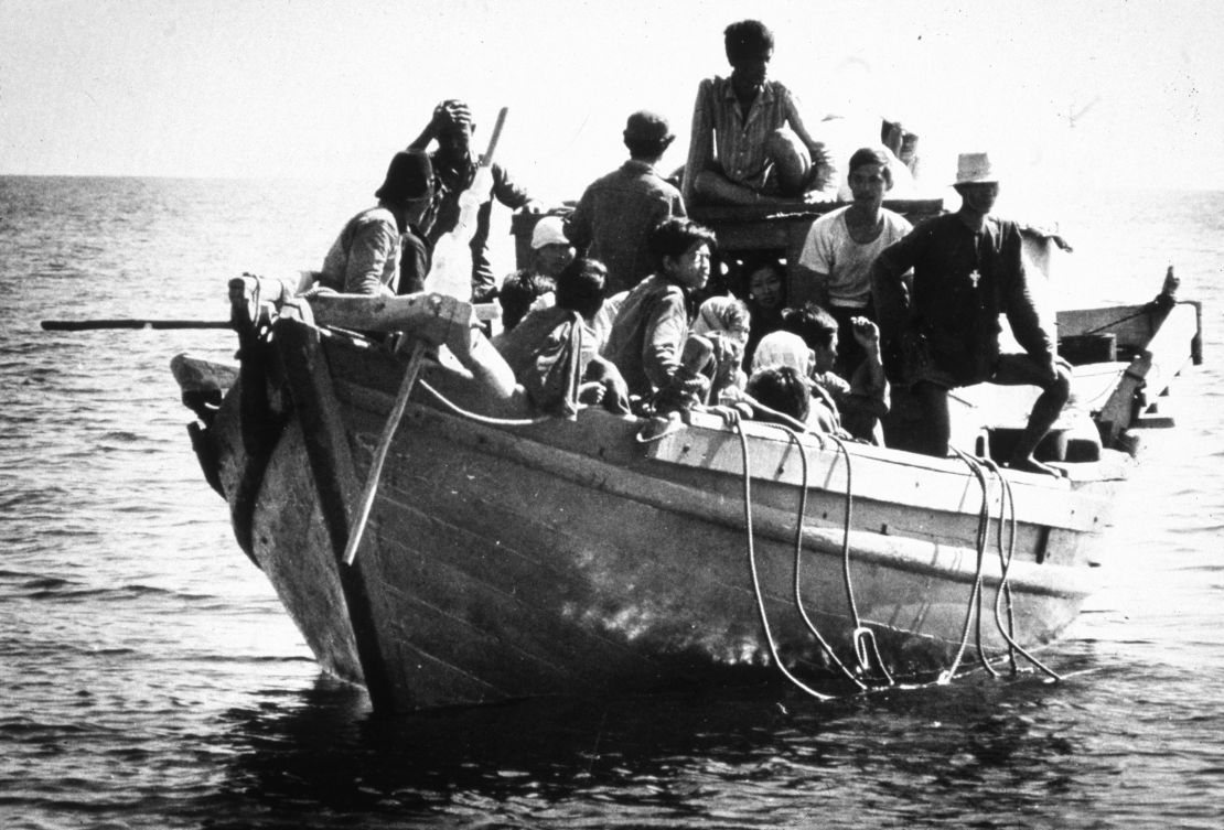 Refugees from southeast Asia, known as boat people, arriving in the USA, circa 1975.