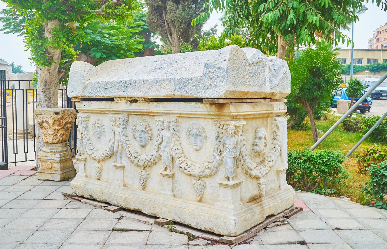 <strong>Catacombs of Kom el Shoqafa: </strong>An antique carved sarcophagus sits at the entrance to the catacombs of Kom el Shoqafa archaeological site in Alexandria.