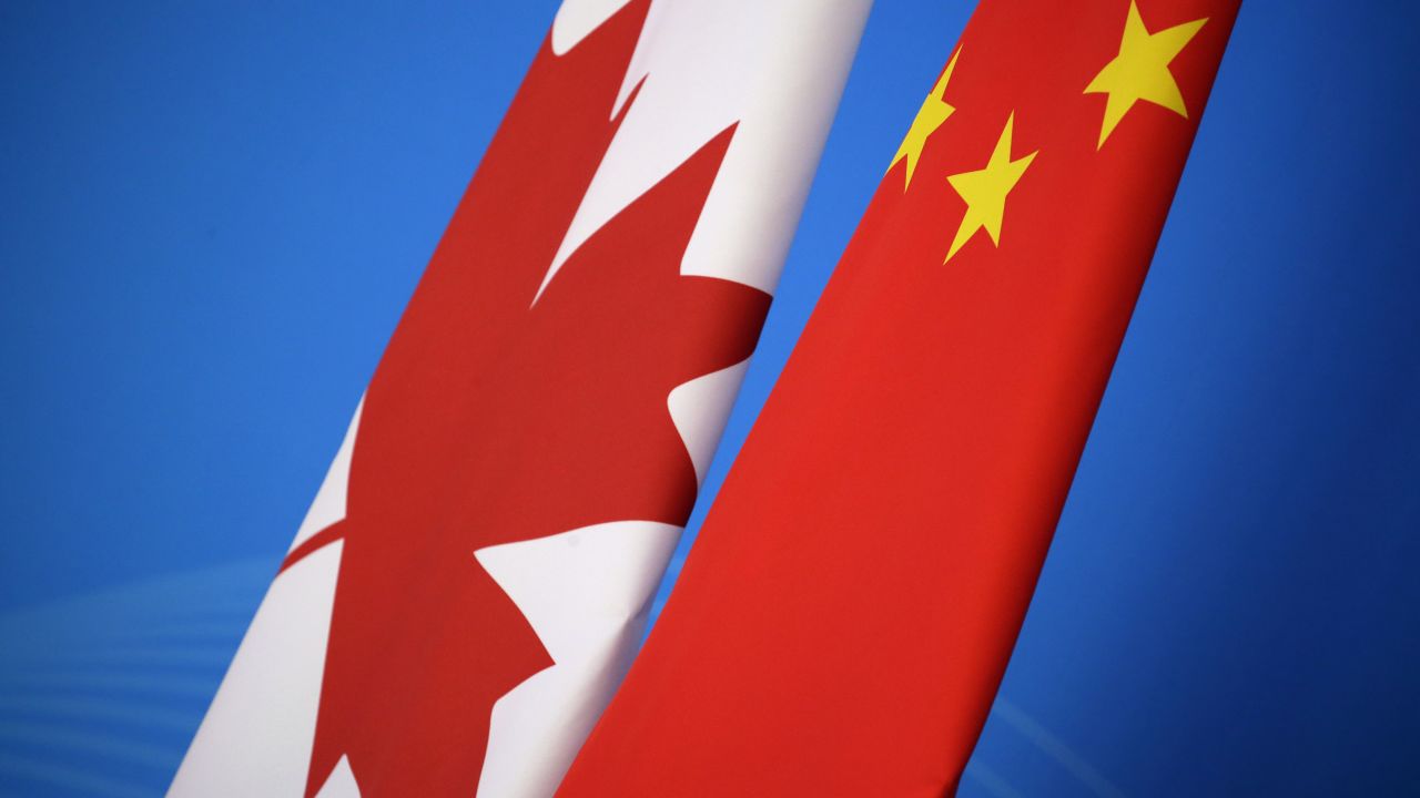 The flags of Canada and China are placed for first China-Canada economic and financial strategy dialogue in Beijing on November 12, 2018. (Photo by JASON LEE / POOL / AFP) (Photo credit should read JASON LEE/AFP/Getty Images)
