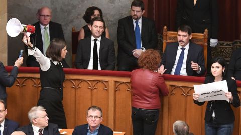 Opposition lawmakers protest in parliament after Wednesday's vote.