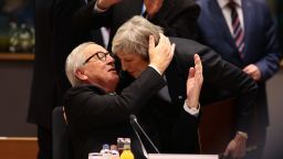 BRUSSELS, BELGIUM - DECEMBER 13: Britain's Prime Minister Theresa May is welcomed by President of the European Commission Jean-Claude Juncker at the European Council for the start of the two day EU summit on December 13, 2018 in Brussels, Belgium. Mrs May yesterday won a vote of confidence in her leadership among her own MPs 200 to 117. Attending the summit she will attempt to secure greater assurances on the temporary nature of the Irish Backstop, in turn hoping to persuade MPs to vote her Brexit Deal through Parliament in the coming weeks. (Photo by Dan Kitwood/Getty Images)