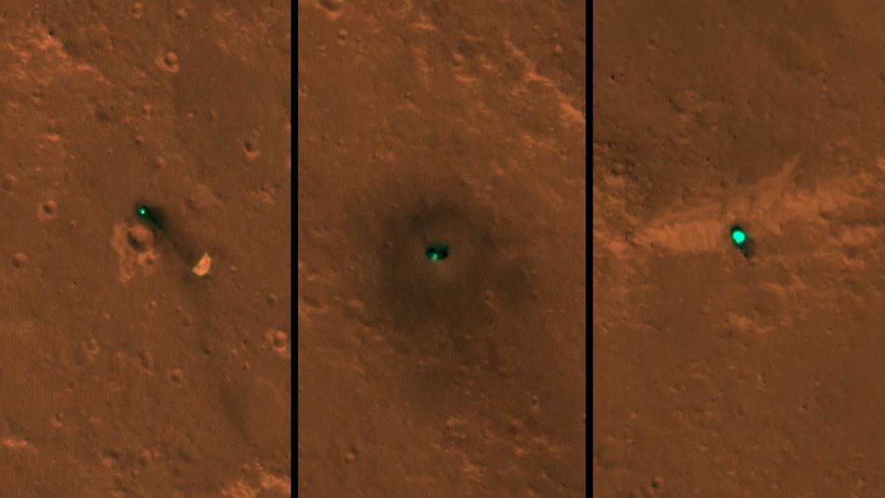 InSight as seen from space. The craft, its heat shield and its parachute were imaged on December 6 and 11 by the HiRISE camera onboard NASA's Mars Reconnaissance Orbiter.