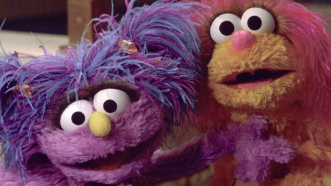 Israeli muppet Daffy, left, visits Palestinian muppet Haneen on the Palestinian "street'' during taping of the Israeli/Palestinian co-production of "Sesame Street" on April 1,1997.