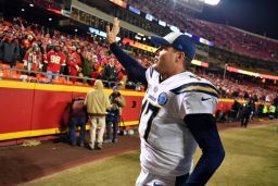 Chargers quarterback Philip Rivers waves to Kansas City Chiefs fans after his team defeated the Chiefs at Arrowhead Stadium.
