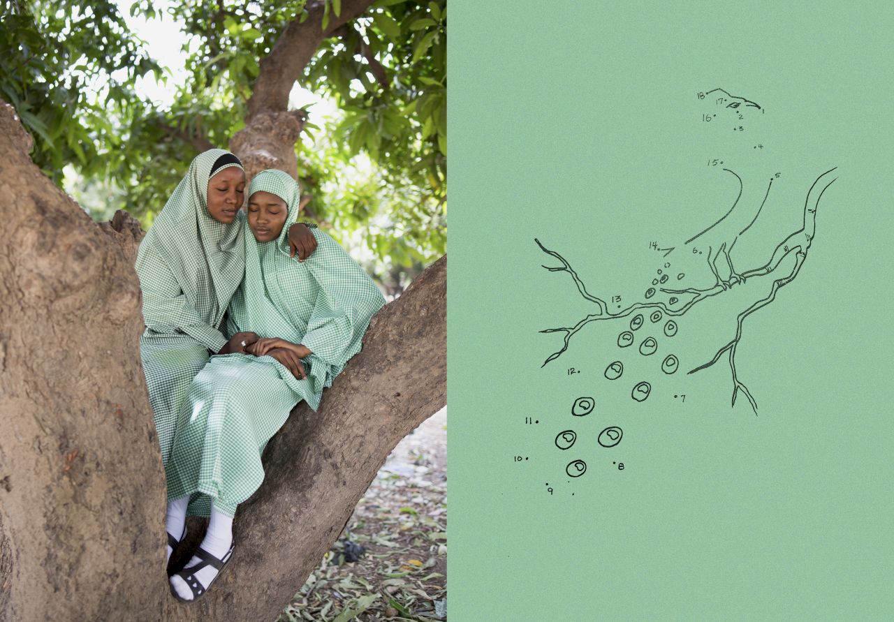 <a href="https://www.instagram.com/rahimagambo/" target="_blank" target="_blank">Rahima Gambo</a> is an Abuja-based Nigerian photographer and artist that explores the environment, identity, history, memory, freedom, escape and healing and the spaces in between these things, through long term visual projects. In her project <a href="http://www.rahimagambo.com/education-is-forbidden" target="_blank" target="_blank">'Education is Forbidden'</a>, Gambo highlights the harrowing tales of students going to school under the shadow of the Boko Haram crisis. In this photo from the project, students Rukkaya and Hadiza remember having to hide their school uniforms in plastic bags because they feared becoming a target of Boko Haram. Maiduguri, Nigeria, 2016. The photograph is seen alongside a connect-the-dots style illustration from the book, "Progressive Coloring Book three" by Christopher G. Bakare. It purports to teach 12 psychological skills to students. Published by Heineman Educational Books in Ibadan, Nigeria, 1982.