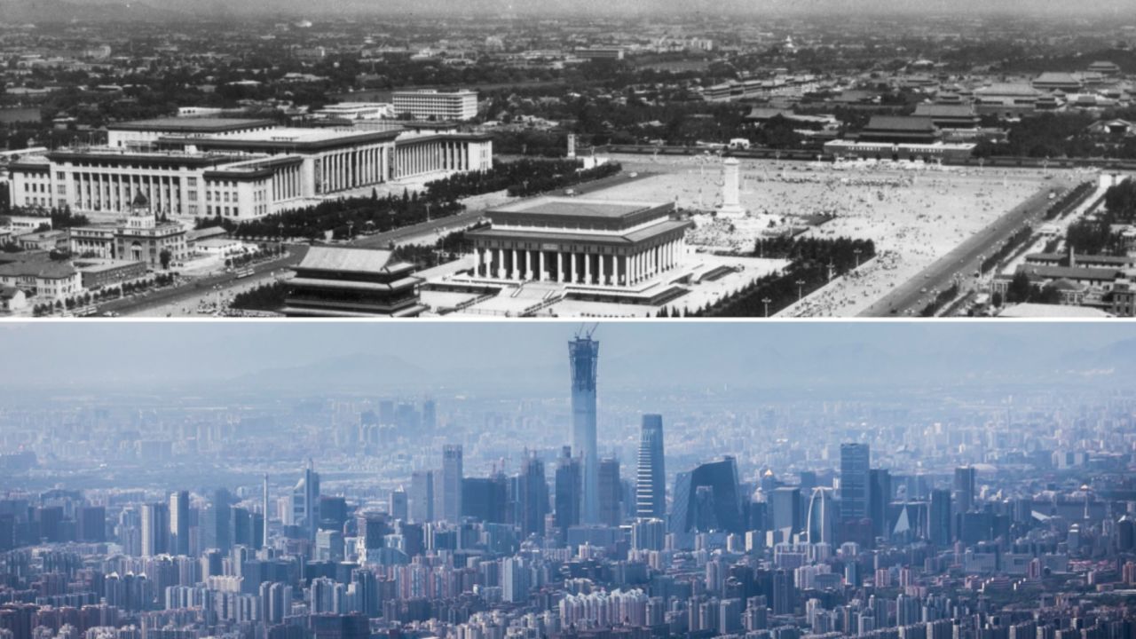 Tiananmen Square in Beijing in 1977 with the giant mausoleum of Chairman Mao in its centre, compared with the modern day skyline.