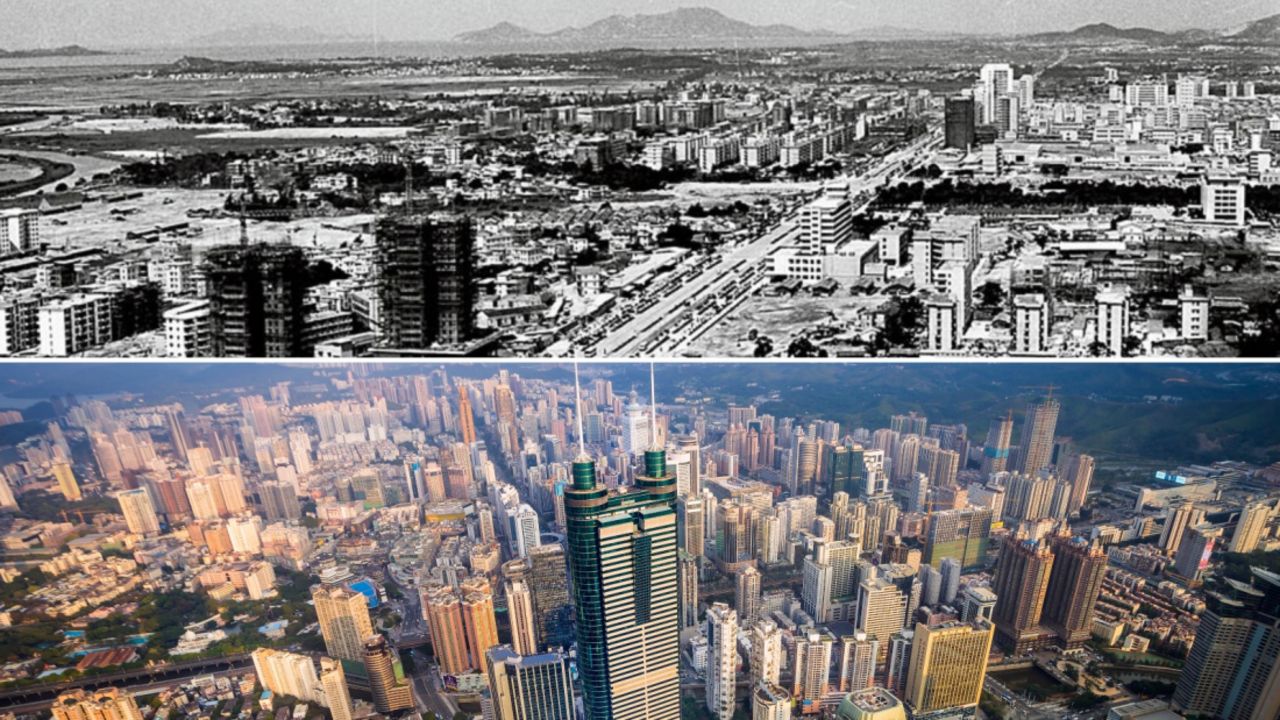 A view of the Chinese city of Shenzhen in 1982 compared with today.