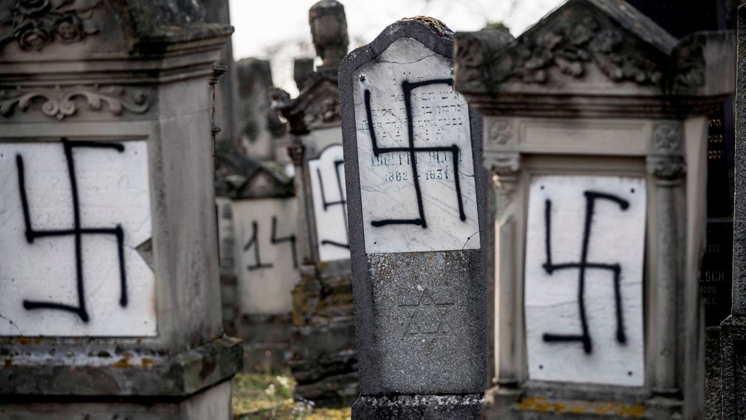 Tombstones in the Herrlisheim Jewish cemetery, north of Strasbourg, France, were spray-painted with swastikas.