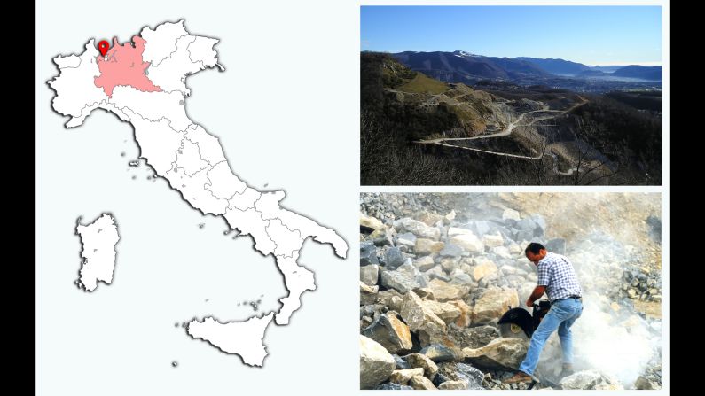 An outline map of Italy highlighting Lombardy and the position of Saltrio, the locality where Angelo Zanella discovered the dinosaur now named after him.