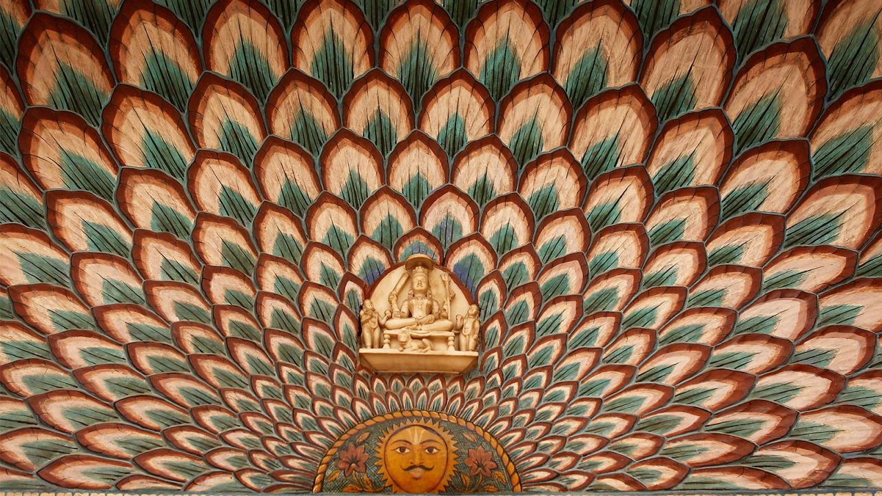 In the walled city center, a detail of a doorway at the City Palace.