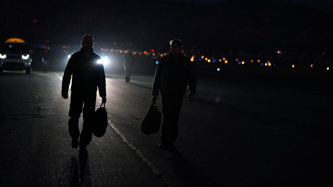 Mark "Forger" Stucky and Rick "CJ" Sturckow arrived at the flight line before Thursday's test.