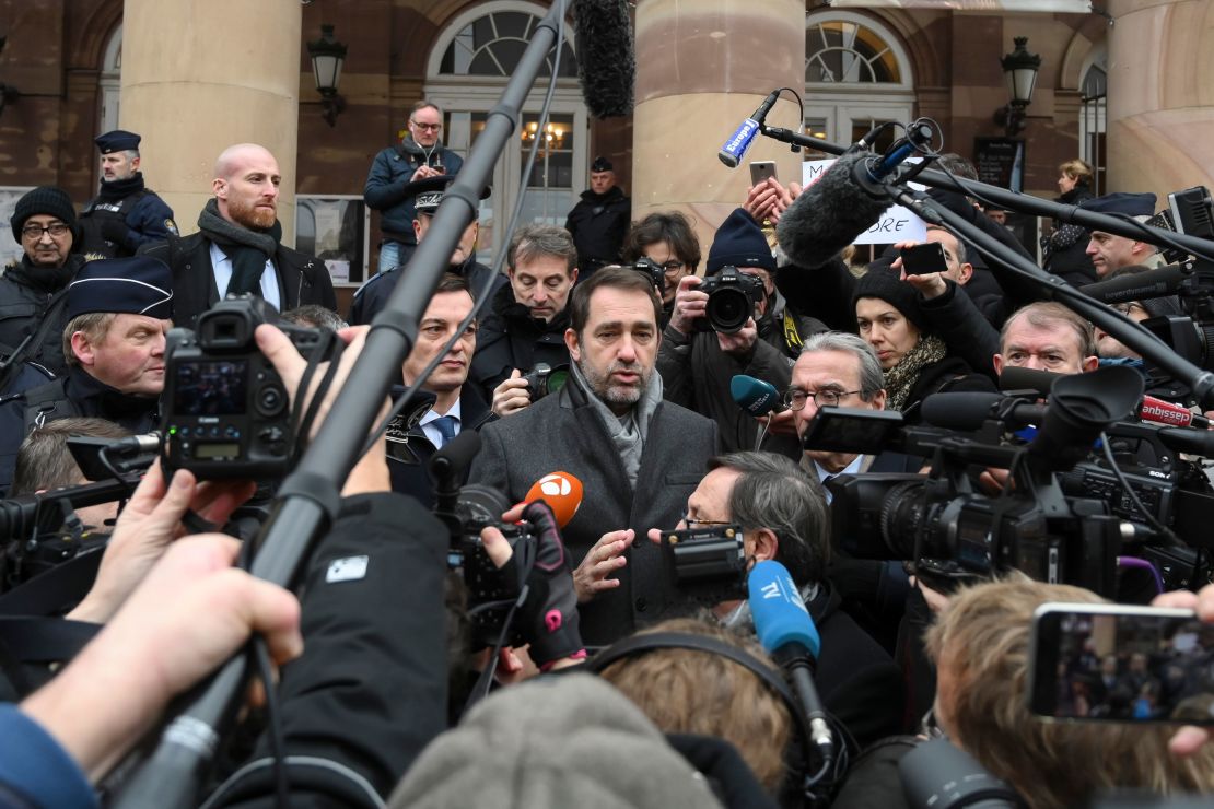 French Interior Minister Christophe Castaner speaks Friday at a press conference in Strasbourg.