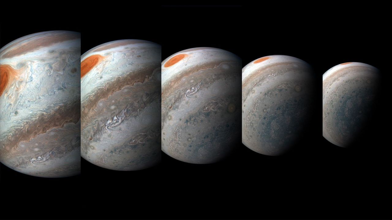 A south tropical disturbance has just passed Jupiter's iconic Great Red Spot and reflects its orange haze from in these series of color-enhanced images from NASA.