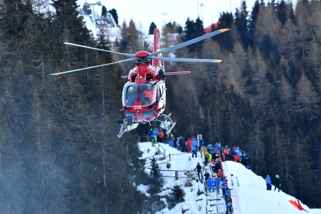A rescue helicopter transports Switzerland's Marc Gisin to hospital after his horror crash in the World Cup men's downhill at Val Gardena.  