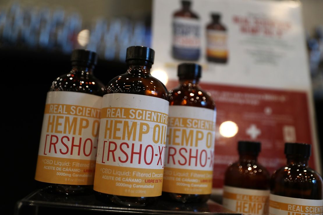 Hemp oil products are displayed during the Cannabis World Congress in New York.