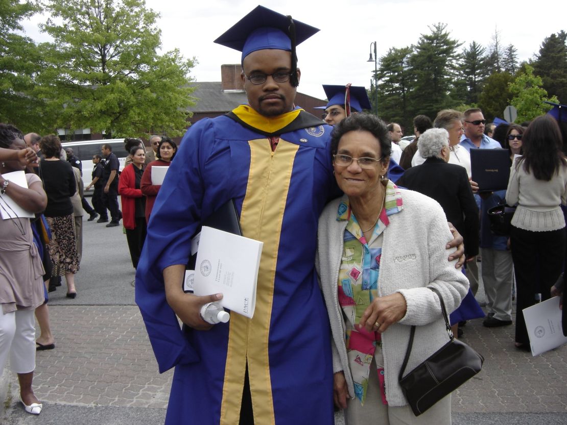 Jermaine McBean stands with his grandmother at his graduation in June 2007 at New York's Pace University.