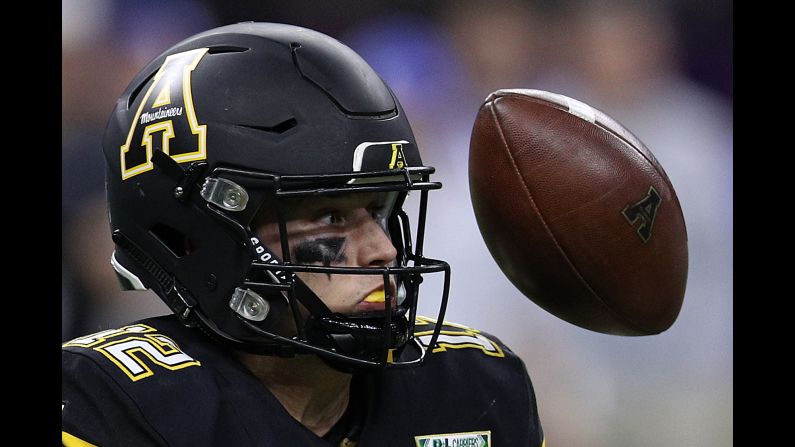 Zac Thomas of the Appalachian State Mountaineers fumbles the ball against the Middle Tennessee Blue Raiders during the R&L Carriers New Orleans Bowl at the Mercedes-Benz Superdome on December 15. The Mountaineers blew out the Blue Raiders 45-13.