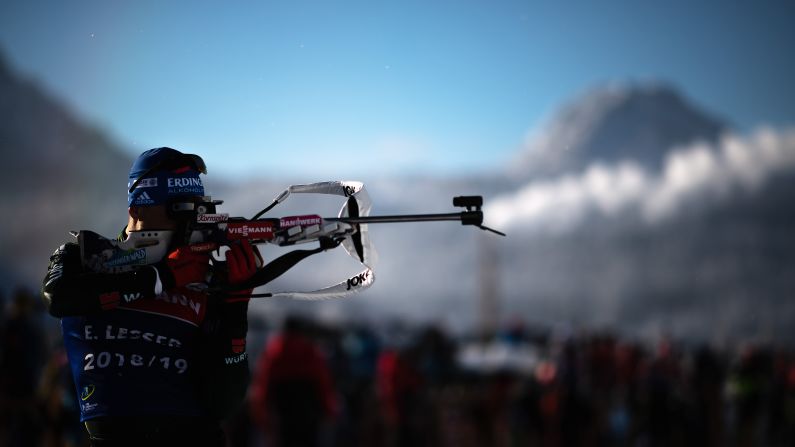 Germany's Erik Lesser practices at the shooting range during the official training for the men's 10 km individual competition at the Biathlon World Cup in Hochfilzen, Austria on Thursday, December 13.