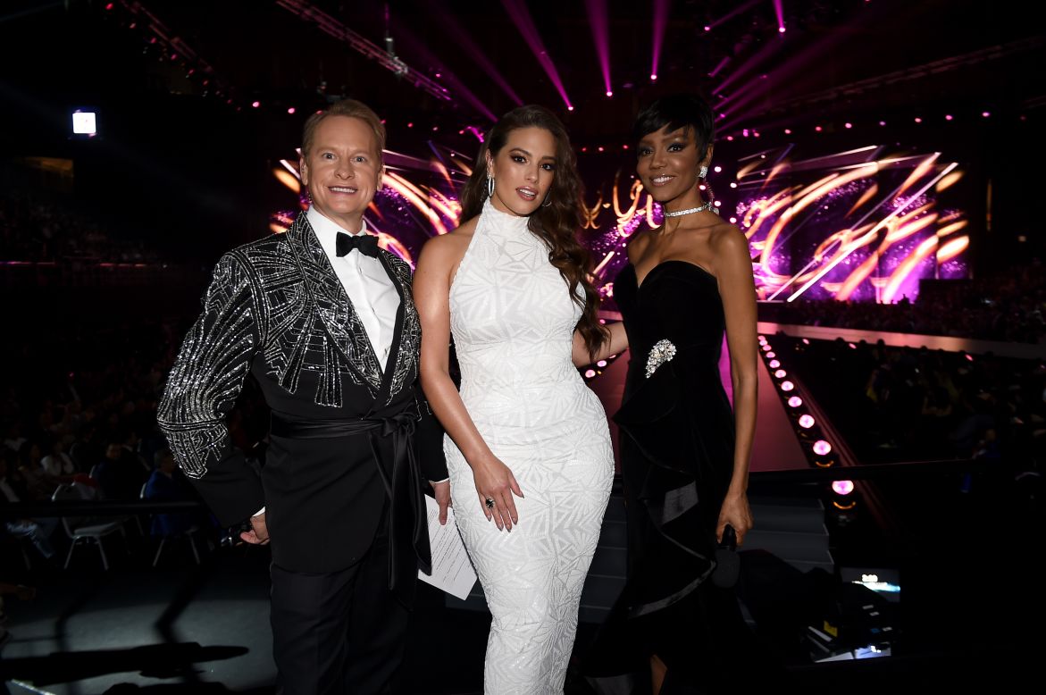 TV personality and style guru Carson Kressley, model, entrepreneur and body activist Ashley Graham, and supermodel and pageant expert Lu Sierra seen at Miss Universe 2018.