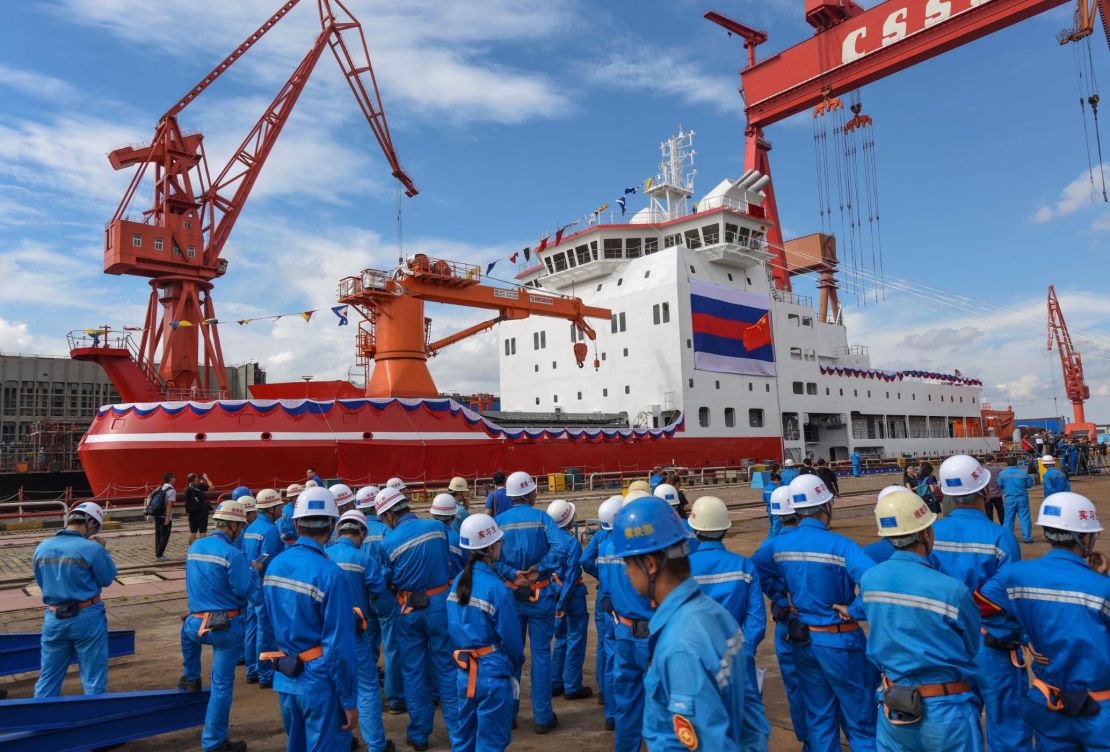 China's first domestically-built icebreaker, Xuelong 2, during a launch ceremony at a shipyard in Shanghai in September.