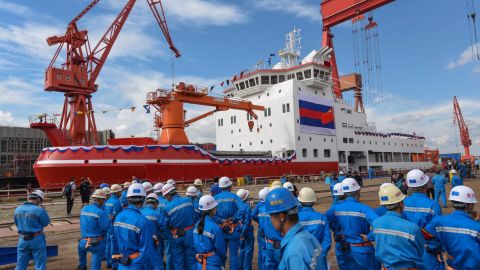 China's first domestically-built icebreaker, Xuelong 2, during a launch ceremony at a shipyard in Shanghai in September.