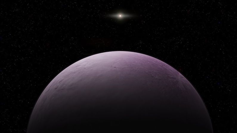 An artist's illustration of one of the most distant solar system objects yet observed, 2018 VG18 -- also known as "Farout." The pink hue suggests the presence of ice. We don't yet have an idea of what "FarFarOut" looks like.