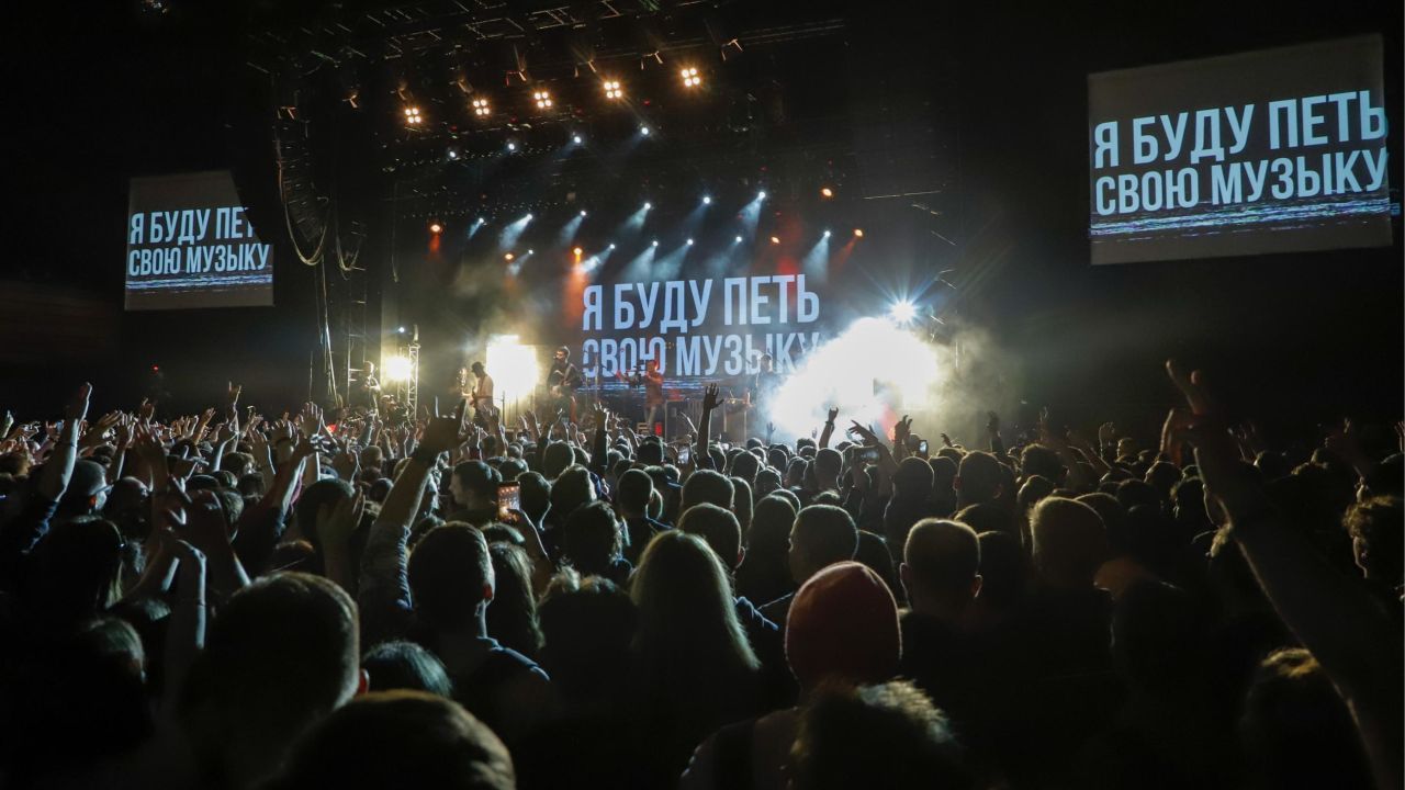 Noize MC performs to a packed crowd at the "I'm going to Sing my Music" charity concert in Moscow a charity concert titled "I'm Going to Sing My Song" on November 26. 