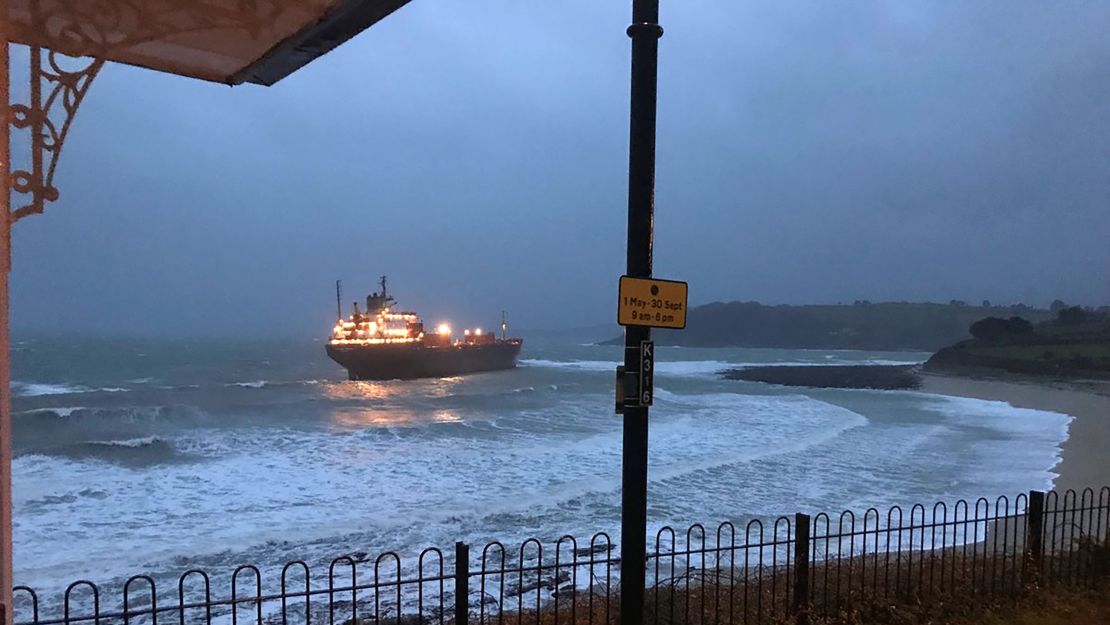 The Russian ship Kuzma Minin, grounded off Gyllyngvase Beach in Falmouth 