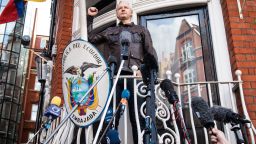 Julian Assange on the balcony of the Ecuadorian embassy on May 19, 2017 in London.  