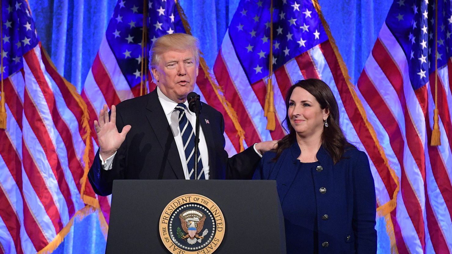 Then-President Donald Trump speaks after his introduction by RNC Chair Ronna McDaniel at fundraiser in New York on December 2, 2017. 