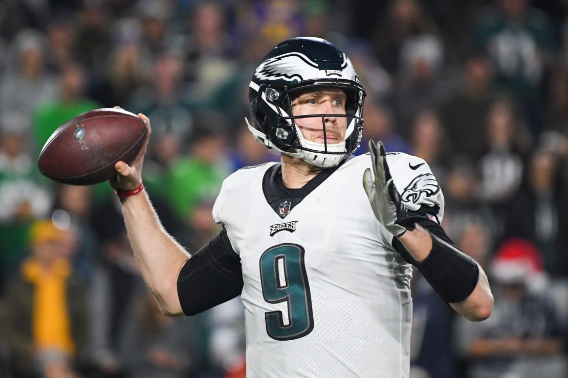  Nick Foles of the Philadelphia Eagles looks to throw against the Los Angeles Rams. Foles led the Eagles to a Super Bowl win after starter Carson Wentz went down with a torn ACL. 