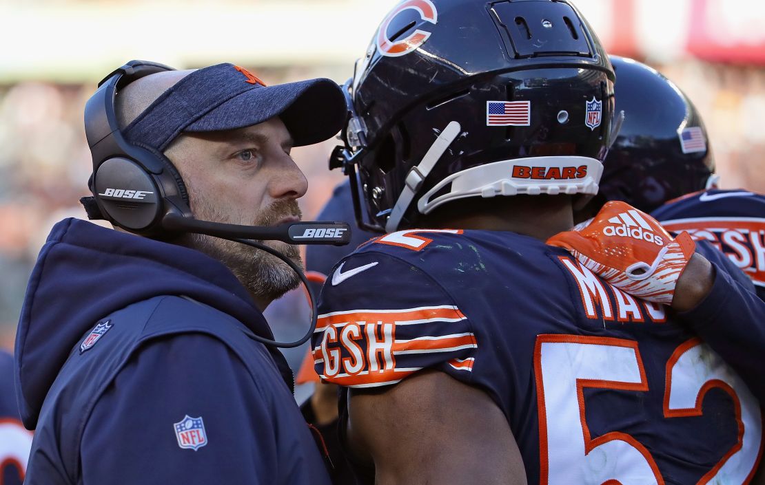 Head coach Matt Naty of the Chicago Bears talks with Khalil Mack during a 24-17 win over the Packers 24-17. 