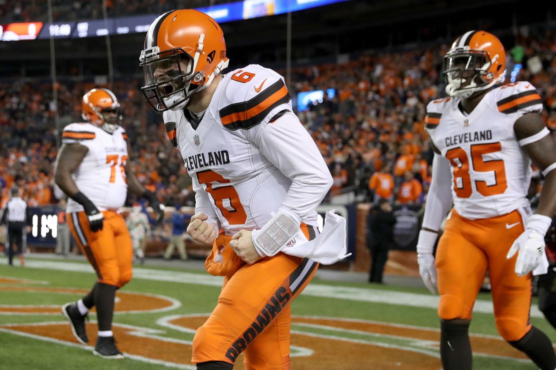 Quarterback Baker Mayfield of the Cleveland Browns celebrates a touchdown against the Denver Broncos on Dec. 15, 2018. The win gave the Browns their sixth win of the season, two more than the total they've won since 2015.