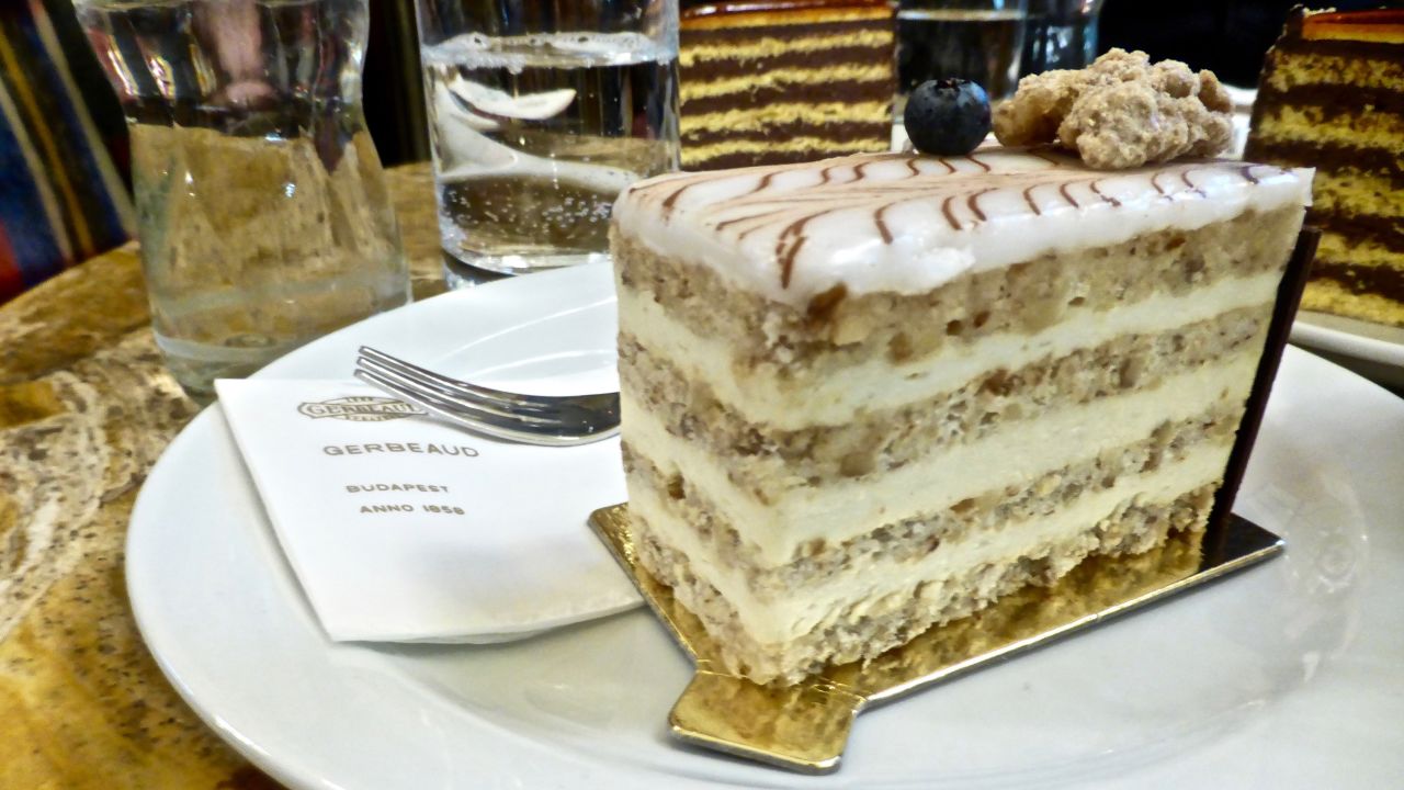 <strong>Esterházy torta: </strong>The glamorous Esterházy cake is one of the most glamorous of Budapest's sweet treats. Created in the 19th century, it's a layered cake consisting of walnut-infused buttercream and chocolate, with a fondant glaze.