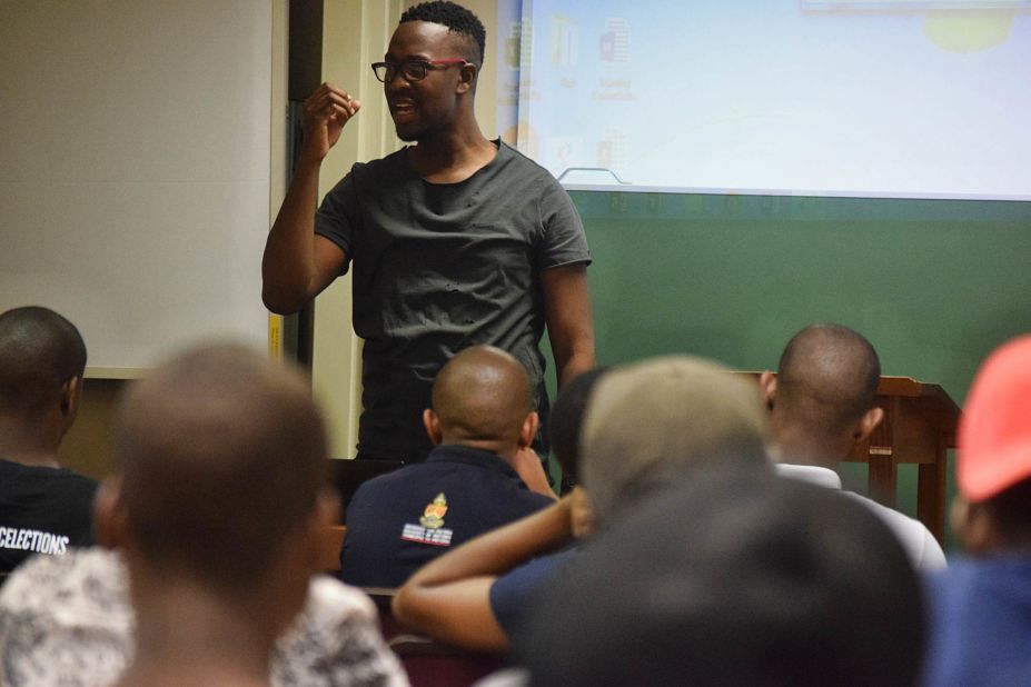 Kabelo Chabalala, the founder of Young Men's Movement, gives an address to men at the University of Pretoria. The talks center around "positive masculinity, being a better generation of men and talking about the challenges we face as men in the midst of being sidelined," he says. 