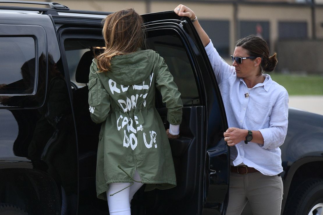 First lady Melania Trump pictured in 2018 wearing a jacket reading, "I Really Don't Care, Do U?"