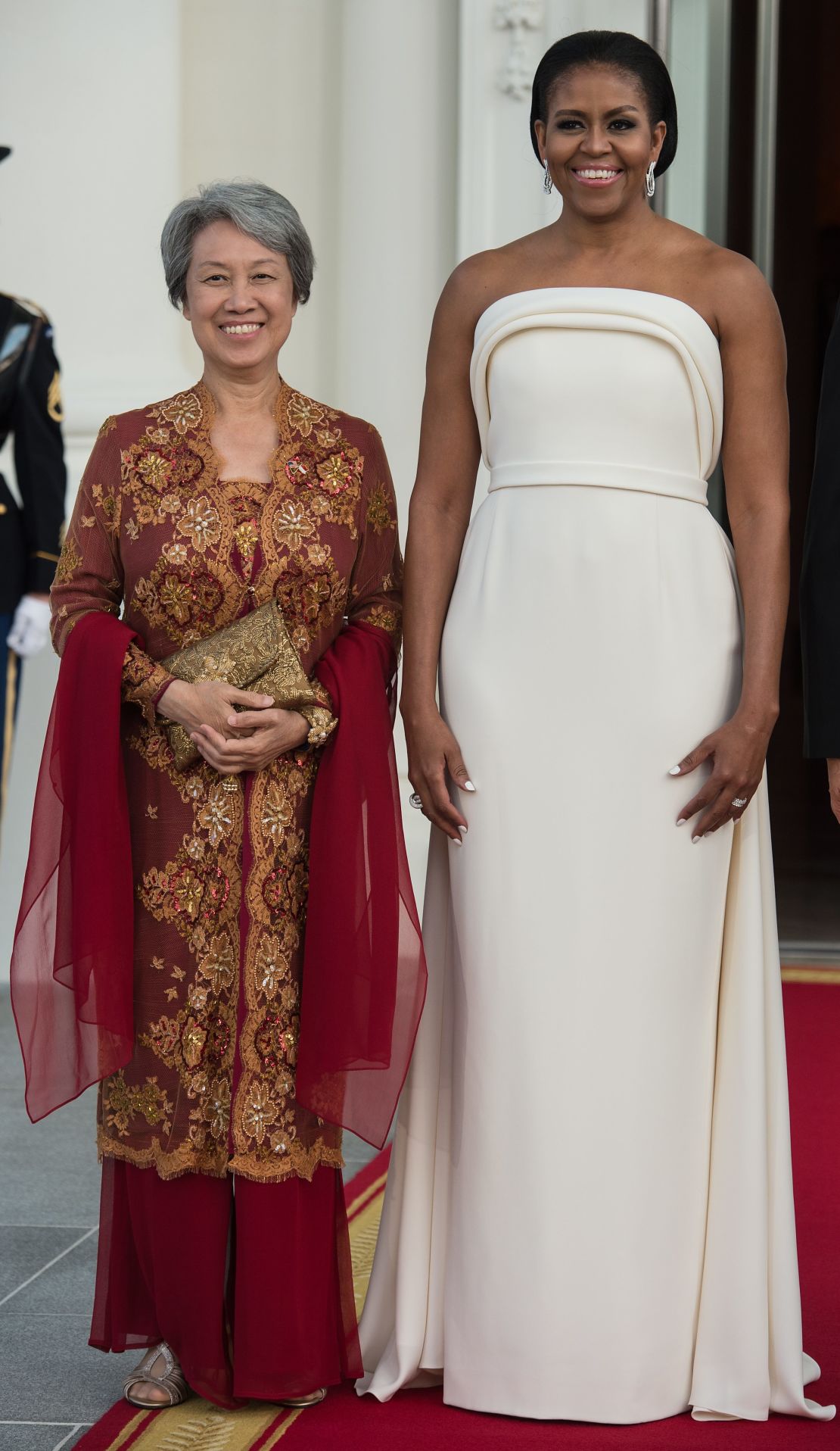 Michelle Obama wore a gown by emerging American designer Brandon Maxwell to a White House state dinner with Singapore's Ho Ching and her husband, Singapore Prime Minister Lee Hsien Loong. 