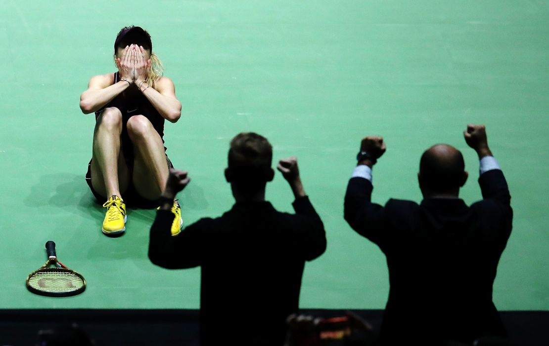 Svitolina reacts after winning the season-ending WTA Finals.