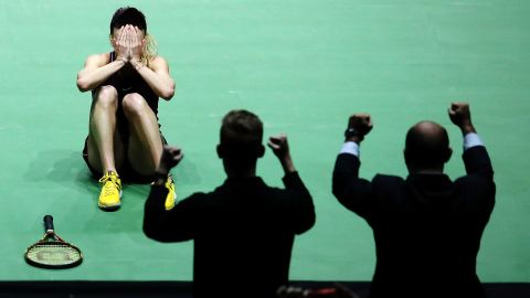 Svitolina reacts after winning the season-ending WTA Finals.