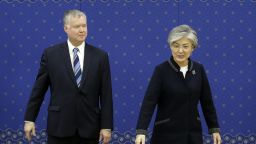 SEOUL, SOUTH KOREA - OCTOBER 29:  (L-R) U.S. special representative for North Korea Stephen Biegun and South Korean Foreign Minister Kang Kyung-wha arrive to hold their a meeting to discuss North Korea nuclear issues at the Foreign Ministry on October 29, 2018 in Seoul, South Korea.  (Photo by Ahn Young-Joon - Pool/Getty Images)