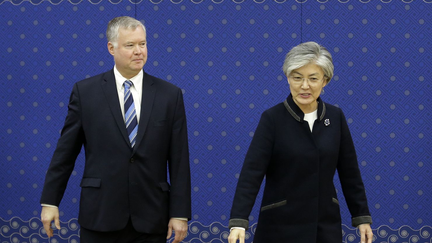 US special representative for North Korea Stephen Biegun and South Korean Foreign Minister Kang Kyung-wha seen in Seoul on October 29, 2018.