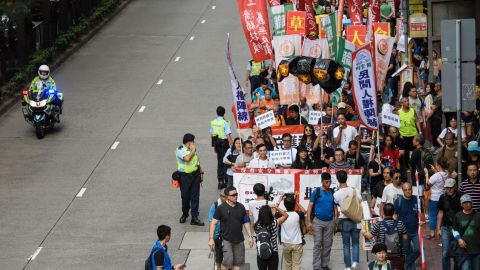 Protestors take part in a National Day pro-democracy rally in Hong Kong on October 1, 2018.