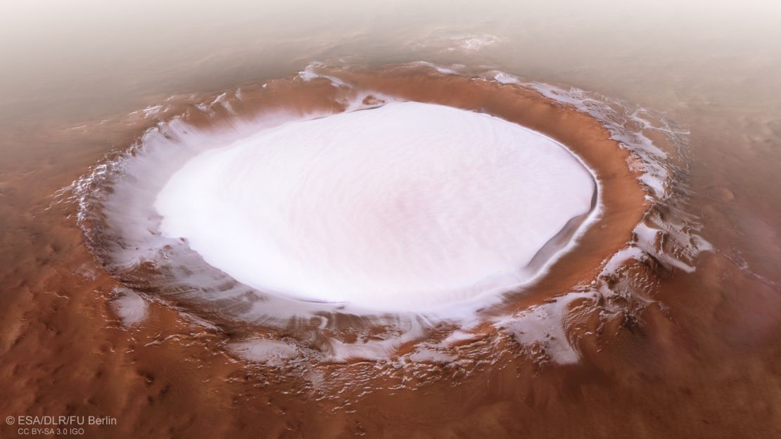 Ice can be found in multiple places on the cold planet. The European Space Agency's Mars Express mission captured this image of the Korolev crater, more than 50 miles across and filled with water ice, near the north pole.